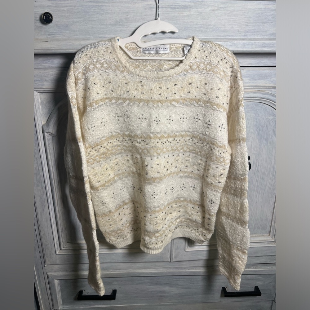 Vintage Valerie‎ Stevens Wool MohairTextured Beaded Gold Chunky Grandma Sweater